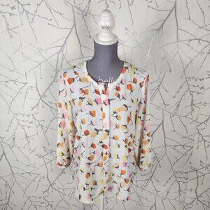 C&E Orange Pink Floral Print Stretch Crepe Button Up Blouse